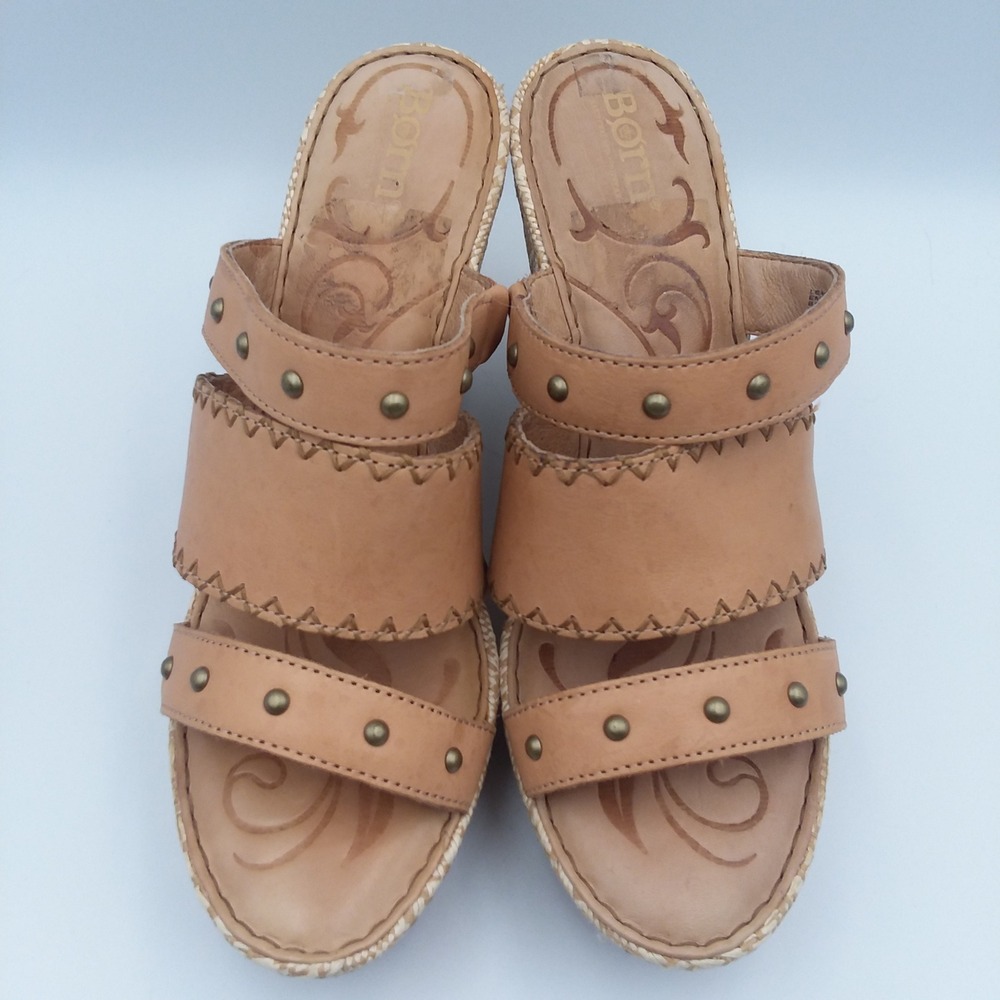 Born Borini Tan Leather Raffia Wedge Sandals Studded Straps Women's 9M Boho - Picture 12 of 16